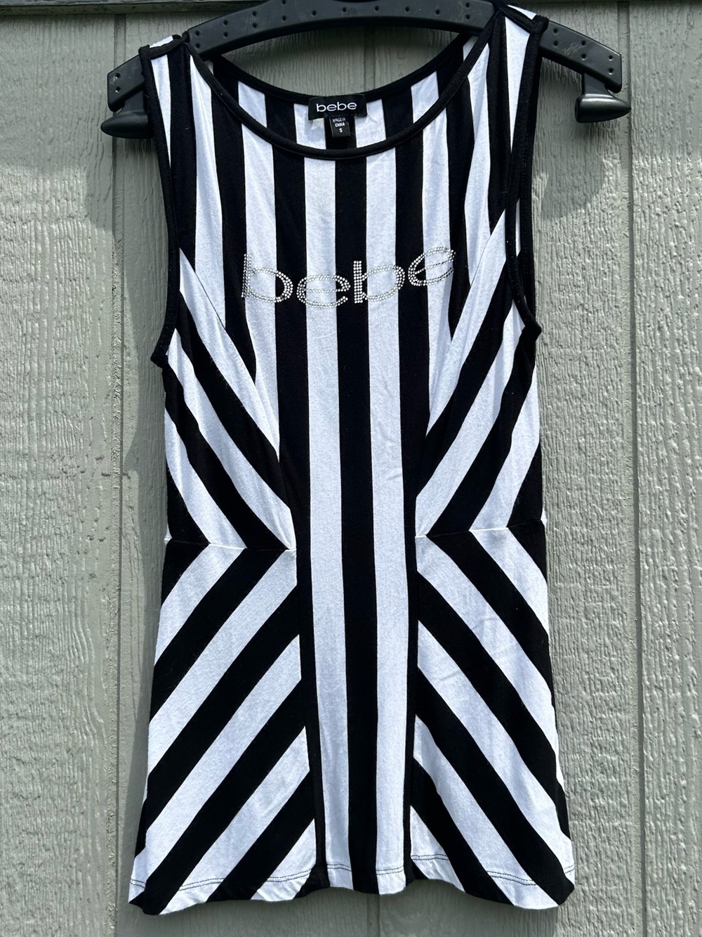 Bebe Black & White Striped Rhinestone Logo Tank Top Sleeveless